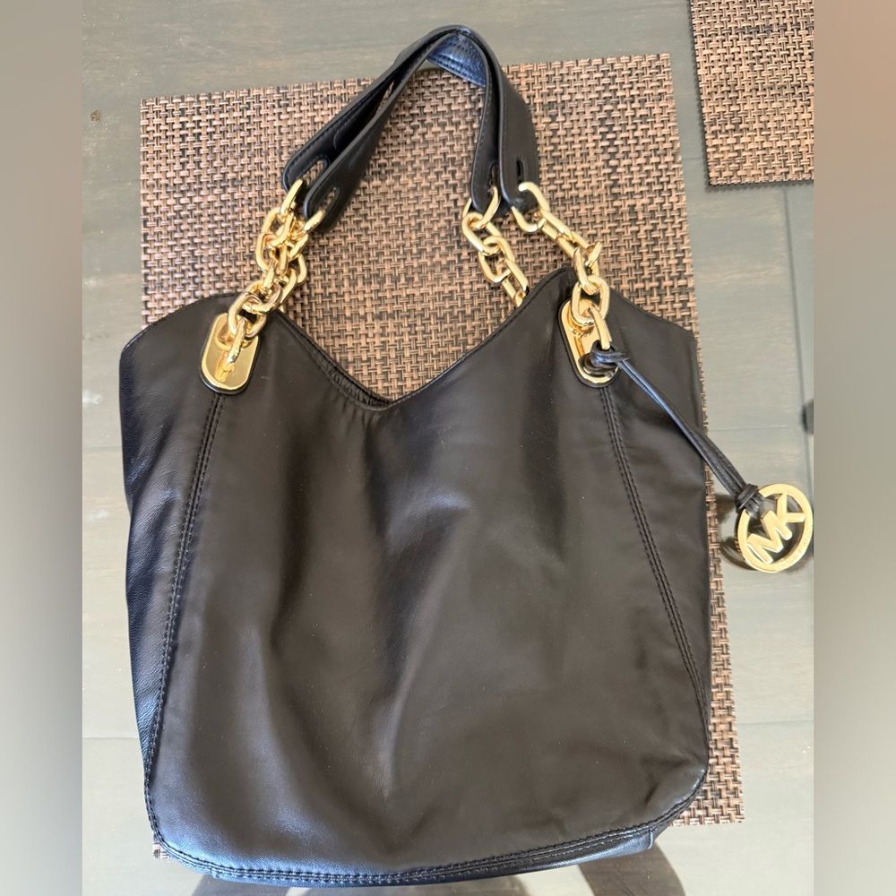 Michael Kors Black Leather Shoulder Bag with Gold Chain Accents